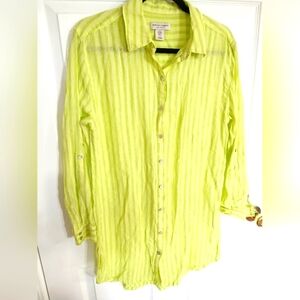 Martha Stewart Collection Lime Green And Yellow Striped Linen Blend Tunic Top